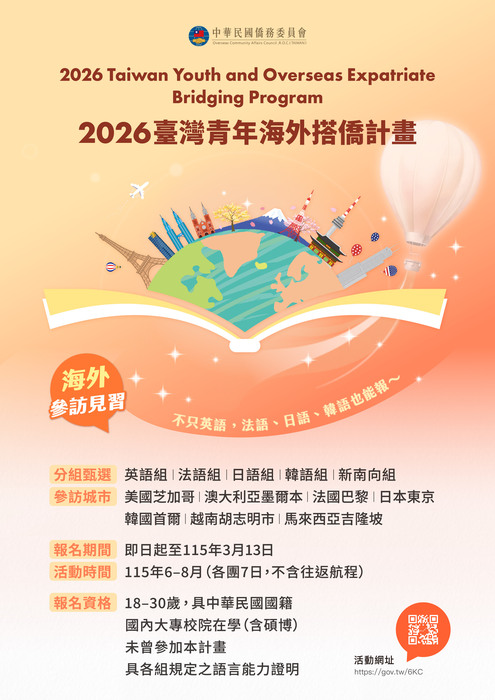【活動公告】僑務委員會115年臺灣青年海外搭僑計畫圖片